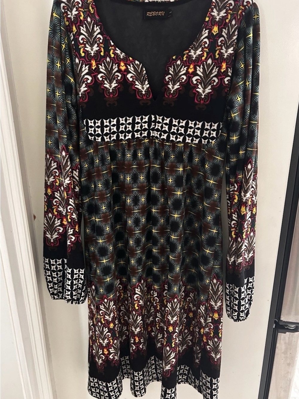 Reborn Boho Tie Knee Length Dress L Peasant Hippie Frock Longsleeve Multi Color